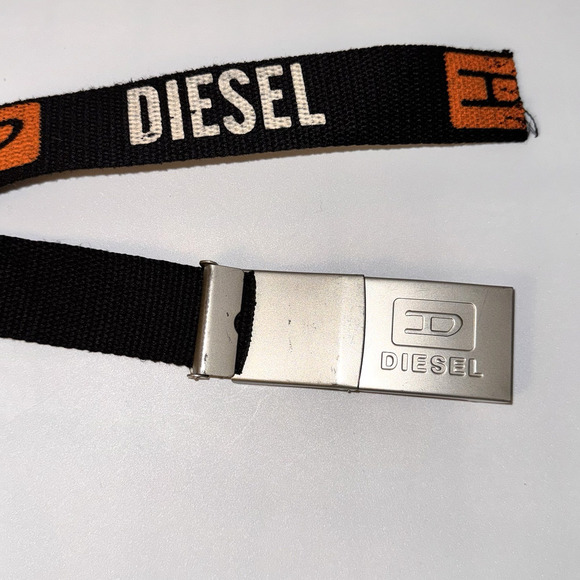 Vintage Y2K Diesel Black Canvas Logo Print Adjustable Logo Buckle Belt Up To 46” - Picture 2 of 10